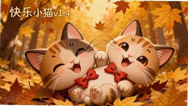 快乐小猫v1.4版本更新预览图,展示新的秋日枫叶主题背景,一只戴着红枫领结的快乐小猫在枫叶堆中打滚,画面色彩金黄,充满秋日氛围,采用暖色调卡通渲染风格。