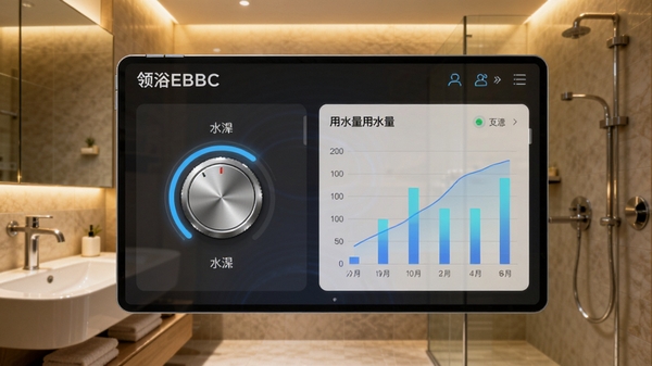 智能洗浴管理软件领浴EBC主界面,展示水温调节旋钮与用水量图表,背景为简约现代浴室环境,暖色调灯光,界面清晰明亮,科技感与生活感融合