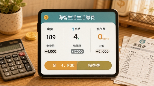 海智生活生活缴费界面,显示电费、水费、燃气费等缴费项目,带有金额和缴费按钮,背景为家庭财务场景,有计算器和账单,色调温暖,适合Boogu模型生成。