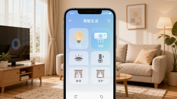 海智生活主界面展示,手机屏幕显示智能家居控制面板,包含灯光、空调、窗帘等图标,背景为温馨的客厅环境,界面简洁现代,色彩柔和,整体风格明亮清晰,适合Boogu模型生成。
