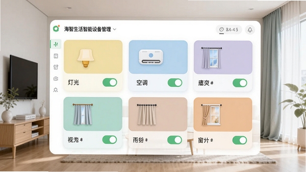 海智生活智能设备管理界面,显示多个设备卡片,包含灯光、空调、窗帘等,每个卡片有开关状态,背景为现代简约家居风格,色彩清新,界面布局清晰,适合Boogu模型生成。