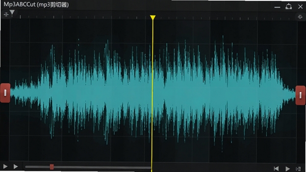 展示Mp3ABCut(mp3剪切器)中音频波形放大的细节图,波形以蓝绿色调显示,在时间轴上有一条醒目的黄色竖线标记当前播放位置,两侧有可拖拽的红色边界手柄,背景为深色网格,突出软件的专业剪辑氛围。