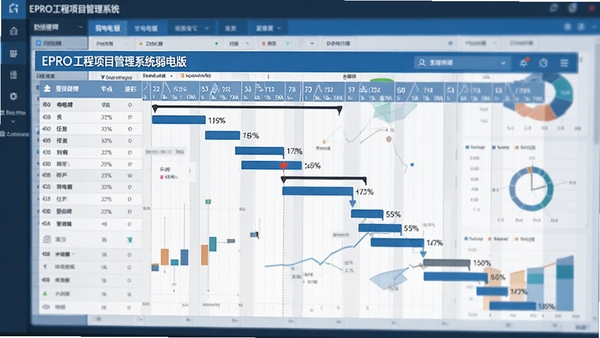 EPRO工程项目管理系统弱电版甘特图功能界面,展示任务条、里程碑节点、进度百分比,背景为数据报表与图表,色彩以蓝白为主,体现数据可视化效果