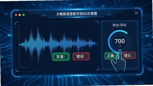 大嘴英语语音评测功能示意图,界面显示波形图与评分结果,发音正确单词标绿,错误标红,背景为科技感蓝色调,突出智能分析过程