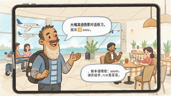 大嘴英语情景对话练习界面,展示机场或餐厅场景,对话气泡清晰,角色形象生动,背景为手绘风格插画,色彩柔和,氛围轻松
