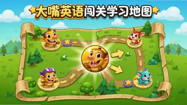 大嘴英语闯关学习地图界面,以卡通地图形式展示课程节点,当前关卡高亮,背景为绿色草原与道路,风格活泼可爱,引导用户逐级挑战