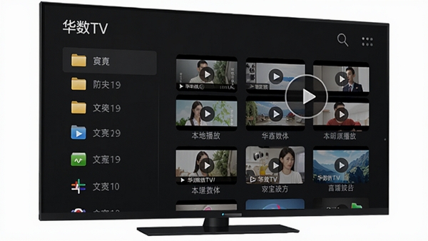 ����TV����ý�岥�Ž��棬չʾ�ļ����б�����Ƶ�ļ�����ͼ������Ϊ��ɫ���棬�ļ�ͼ��������ͻ���������ơ�����TV������������ʵ�ã��ʺ�AI����ͼƬ��