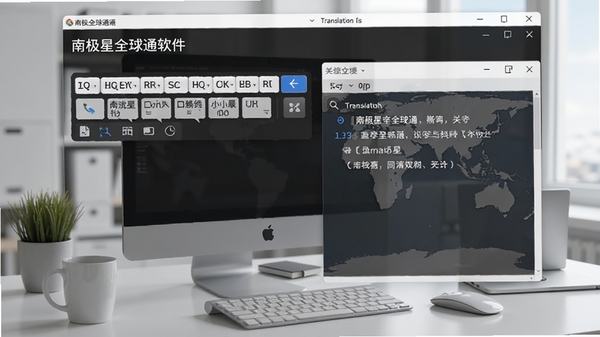 南极星全球通软件主界面预览图,展示多语言输入工具栏和翻译窗口,背景为现代化办公桌面,界面简洁清晰,突出软件名称和主要功能区域