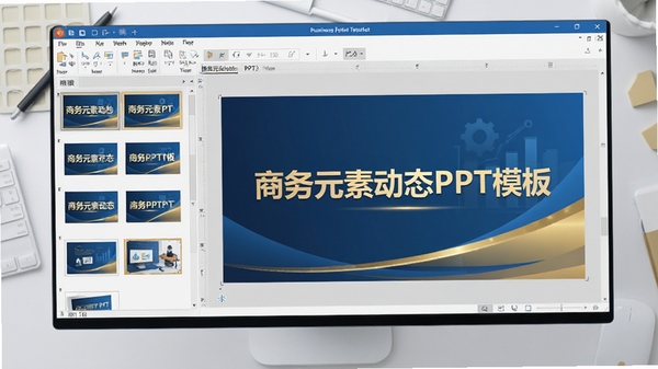 一张宽屏电脑桌面截图,显示商务元素动态PPT模板的软件主界面,左侧是缩略图列表,右侧是预览区,背景为浅灰色工作台,整体风格简洁专业,带有商务蓝与金色点缀,突出软件名称“商务元素动态PPT模板”