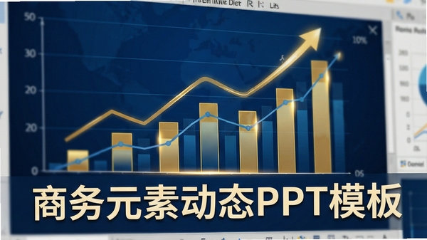 商务元素动态PPT模板的软件界面局部特写,展示一个动态柱状图与折线图组合的数据看板,图表带有金色高亮与动态上升效果,背景为深蓝色商务风格,画面清晰标注“商务元素动态PPT模板”字样