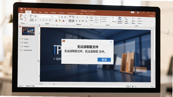 电脑屏幕显示PPT软件报错弹窗,背景为商务元素动态PPT模板的编辑界面,弹窗内容为“无法读取文件”,旁边有修复按钮,画面风格写实,光线柔和,突出解决问题后的轻松氛围
