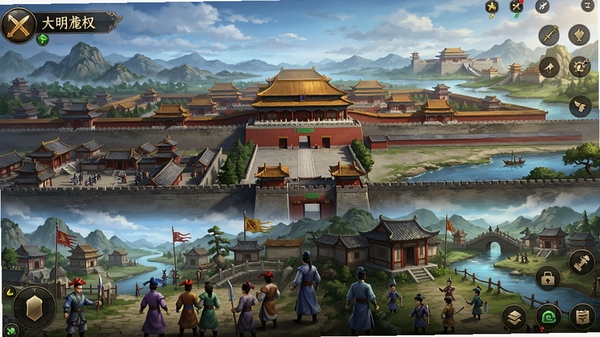 大明龙权游戏全景截图,展示明朝风格的城池与江湖场景,人物角色穿着明代服饰,背景有紫禁城和山水,画面气势恢宏,色彩鲜艳,细节丰富,游戏UI界面清晰可见,整体风格写实,光影效果出色,分辨率高,适合作为游戏宣传图