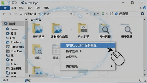 Root助手文件强制操作功能示意图,鼠标右键菜单弹出包含“使用Root助手强制删除”选项,背景为文件资源管理器,画面突出操作便捷性