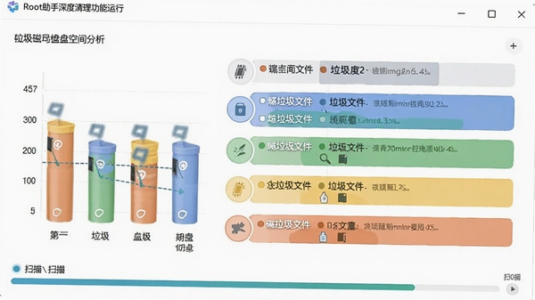 Root助手深度清理功能运行界面,显示磁盘空间分析图表,各类型垃圾文件用不同颜色标注,进度条正在扫描,界面清爽直观