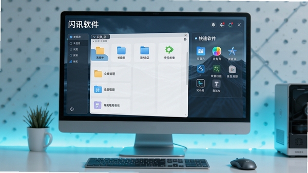 闪讯软件主界面预览图,展示其简洁高效的文件管理与快速启动面板,背景为现代化的电脑桌面环境,整体色调清新明亮
