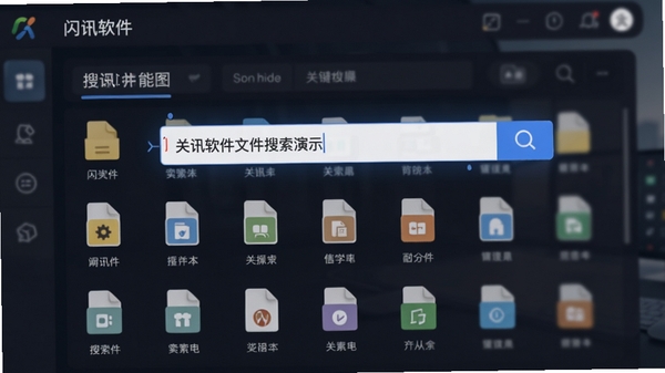 闪讯软件的文件搜索功能演示图,画面展示输入关键词后瞬间呈现的搜索结果列表,文件类型图标清晰,背景虚化突出搜索框