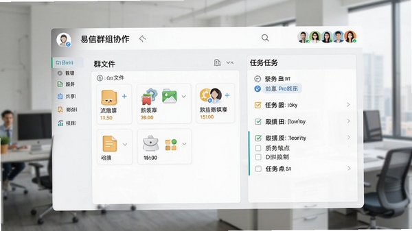 易信群组协作界面,展示群文件共享与任务列表,背景为办公场景,多个用户头像在线,界面布局整齐,图标清晰