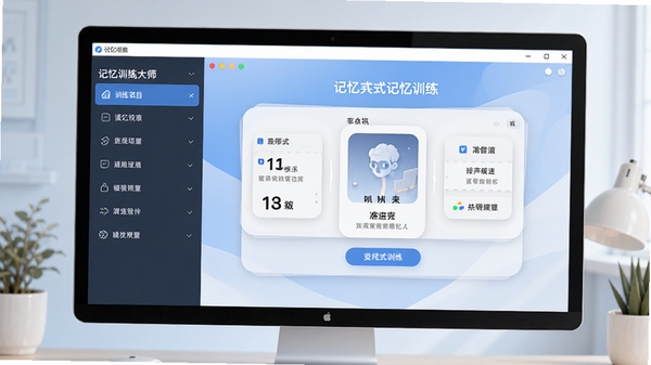 记忆提高大师主界面预览图,画面展示软件在电脑桌面运行的完整界面,左侧为训练项目列表,右侧为交互式记忆训练卡片,背景采用柔和的蓝白渐变色调,整体风格简洁现代,突出软件的专业与易用性