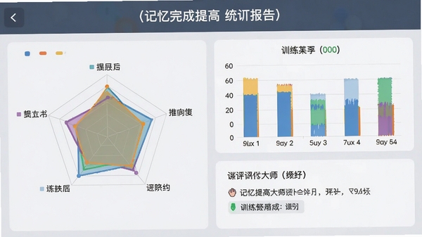 记忆提高大师数据报告界面,画面展示训练完成后的统计页面,包含雷达图、柱状图以及文字评价,图表色彩丰富但排列有序,背景为浅灰色,突出数据可视化效果