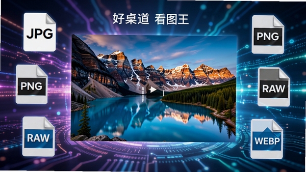 好桌道看图王软件功能展示图,画面中央显示一张高分辨率风景照片被快速加载,周围环绕着各种图片格式图标,如JPG、PNG、RAW、WEBP,背景为科技感的光效,强调软件解码速度与格式兼容性,画面色彩鲜艳,细节丰富