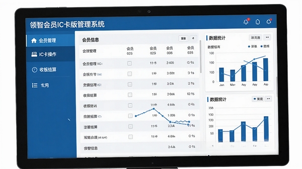 领智会员IC卡版管理系统主界面,左侧功能导航栏清晰展示会员管理、IC卡操作、收银结算等模块,右侧为会员信息列表与数据统计图表,整体风格简洁商务,色彩以蓝白为主,界面布局规整,适合门店收银台电脑屏幕显示