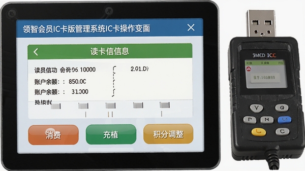 领智会员IC卡版管理系统IC卡操作界面,显示读卡成功后的会员信息与账户余额,界面上有消费、充值、积分调整等功能按钮,旁边有USB接口的IC卡读写器设备