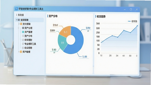财智8专业理财工具主界面展示,左侧功能树状导航,右侧资产分布饼图与收支趋势折线图,整体风格简洁商务,浅蓝与白色为主色调,背景为柔和渐变桌面,软件名称显示在窗口标题栏