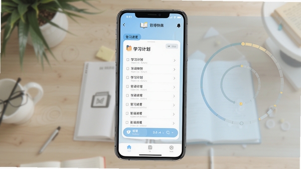 背得快软件主界面预览图,展示其简洁的学习计划列表与背诵进度环,背景为淡蓝色渐变,居中构图,风格清新明快,适配移动端UI设计