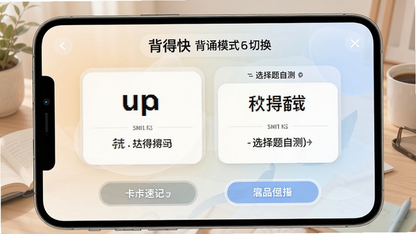 背得快背诵模式切换界面,展示卡片速记与选择题自测两种模式预览,卡片上显示单词与释义,背景柔和,功能按钮清晰,突出交互感
