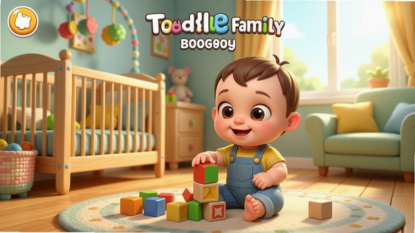 Boogu生成图片:Toddle Family游戏主界面,画面中央是一个穿着背带裤的可爱卡通宝宝坐在地板上玩积木,周围是温馨的儿童房,有木质婴儿床和彩色挂饰,背景是阳光透过窗户洒入的客厅一角,整体色调明亮温暖,采用3D卡通渲染风格,高细节,游戏宣传图构图