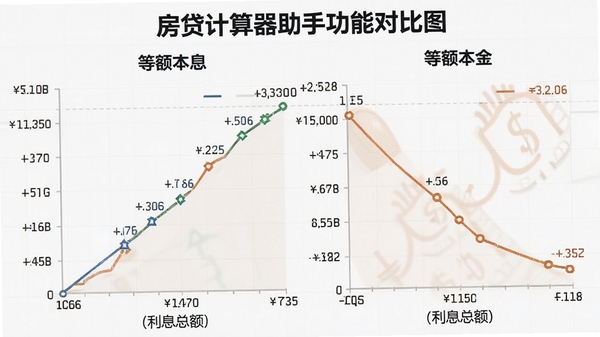 房贷计算器助手功能对比图,展示等额本息与等额本金两种还款方式的月供曲线对比,背景为浅灰色网格,图表上标注月供金额和利息总额,画面清晰直观,适配Boogu模型生成