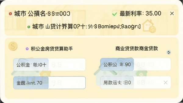 房贷计算器助手公积金贷款计算界面,展示公积金与商业贷款分段输入框,背景为浅黄色,顶部标注城市名称和最新利率,整体风格清新,适配Boogu模型生成