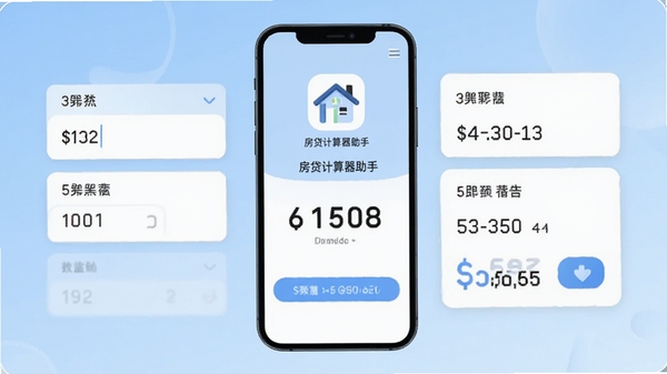 房贷计算器助手主界面预览图,展示清晰的输入框和结果卡片,背景为浅蓝色渐变,手机屏幕中央显示房贷计算器助手logo和月供数字,整体风格简洁现代,适配Boogu模型生成
