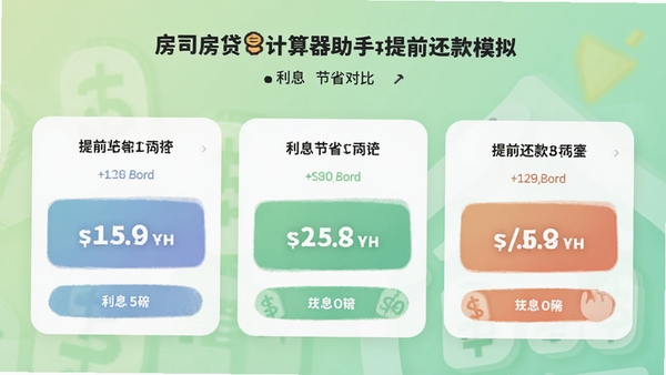 房贷计算器助手提前还款模拟页面,展示不同还款方案下的利息节省对比,背景为浅绿色渐变,卡片式布局突出节省金额,界面友好,适配Boogu模型生成