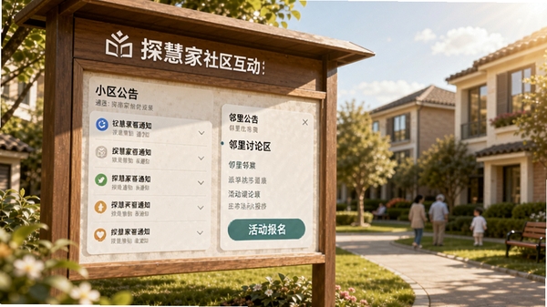 展示探慧家社区互动界面的图片,画面中有小区公告栏的视觉元素,包含通知列表、邻里讨论区、活动报名按钮,背景为阳光下的居民小区,整体氛围温馨和谐,突出社区归属感,画面中需出现探慧家字样。