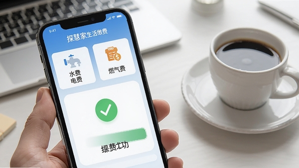 生成一张手机屏幕展示探慧家生活缴费功能的图片,屏幕上有水费、电费、燃气费等缴费入口,显示缴费成功后的对勾图标,背景为整洁的办公桌面,旁边有一杯咖啡,画面风格写实,突出便捷与高效,需包含探慧家名称。