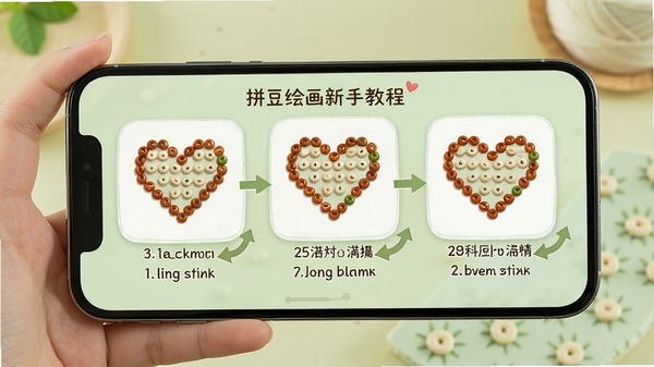 拼豆绘画新手教程界面,手机屏幕展示一个简单的爱心图案制作步骤,画面分步骤显示豆子排列示意图,并配有文字说明箭头,背景为淡绿色,风格清新,适合教学场景