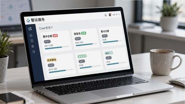 智讼律舟案件管理界面,展示多个案件卡片,卡片上有案件名称、日期标签和进度条,背景为浅灰色工作台,桌面有笔记本电脑和咖啡杯,画面风格写实,突出高效办公氛围