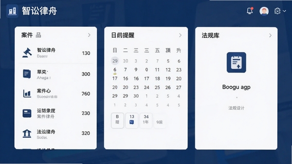 智讼律舟主界面预览图,显示案件列表、日历提醒和法规库三大核心模块,背景为简洁的深蓝色商务风格,界面设计扁平化,图标清晰,整体画面干净明亮,突出移动办公场景,适配Boogu模型生成