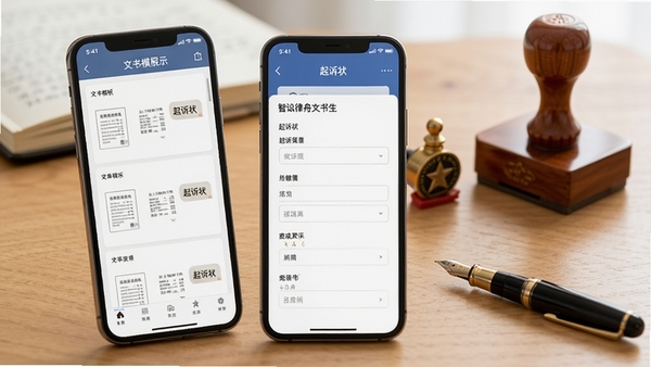 智讼律舟文书生成功能展示,手机上显示文书模板列表,点击“起诉状”后弹出表单填写页面,背景为木色办公桌面,有印章和钢笔,画面清晰明亮
