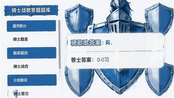 骑士战歌答题器题库展示界面,左侧为题目分类列表,右侧显示一条题目和答案,背景有骑士头盔与盾牌图案,整体风格清晰简洁,色调以蓝白为主。