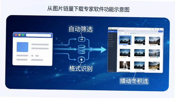 图片批量下载专家软件功能示意图,展示从网页链接输入到图片列表呈现的完整流程,画面左侧是一个浏览器窗口简化图标,中间为数据流动线条,右侧为软件界面缩略图,标注着自动筛选、格式识别等文字说明,背景采用科技感渐变蓝色