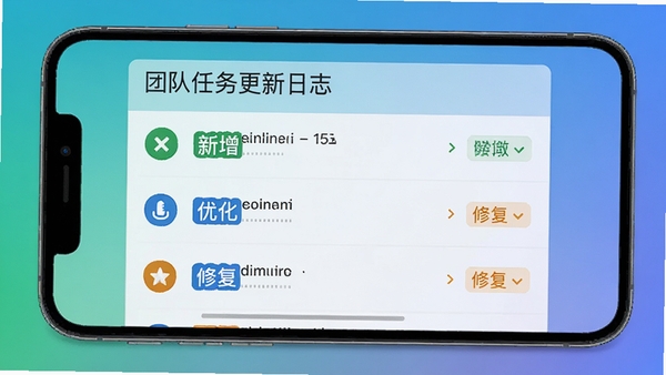 团队任务更新日志界面,手机屏幕展示版本更新说明列表,有绿色新增、蓝色优化、橙色修复标签,背景为纯色渐变,图标简洁,扁平化设计,清晰易读,高清渲染
