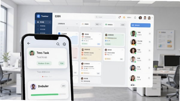 团队任务软件主界面预览图,画面中央显示任务看板与成员头像列表,背景为浅灰色办公室环境,前景突出手机屏幕中的任务卡片和进度条,整体色调清爽明亮,采用写实风格,3D渲染效果,光线柔和,细节丰富,强调团队协作氛围