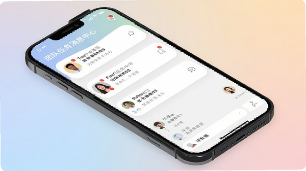 团队任务消息中心界面,手机屏幕显示通知列表和评论区对话框,背景为柔和渐变底色,有成员头像和红点提醒标志,线条流畅,UI设计精致,扁平化风格,高清显示