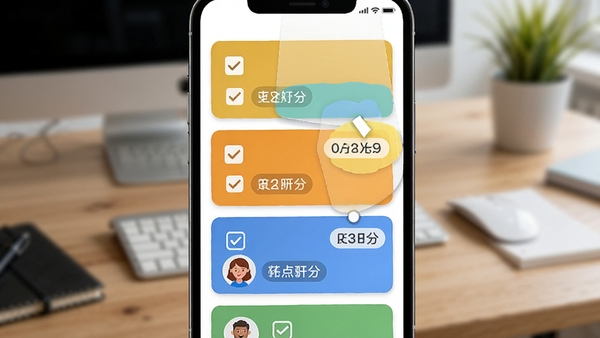 团队任务任务拆分界面截图,画面展示手机屏幕上多个彩色任务卡片被拖拽分配给不同头像成员,背景为模糊的办公桌场景,卡片上有勾选框和日期标签,色彩鲜艳,UI设计简洁现代,扁平化风格,高清渲染