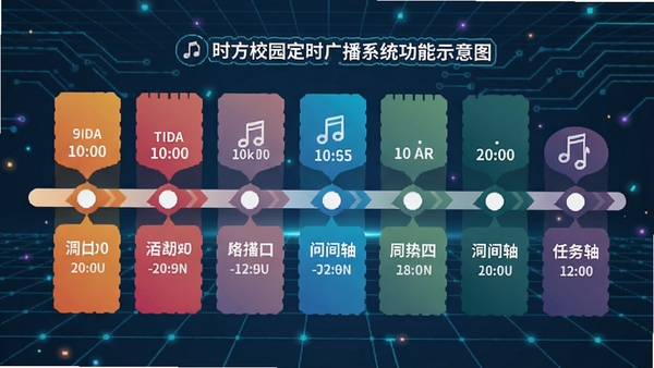 时方校园定时广播系统功能示意图,展示一周七天不同时间点的彩色任务时间轴,配有音乐音符图标,背景为抽象科技网格,风格扁平清爽