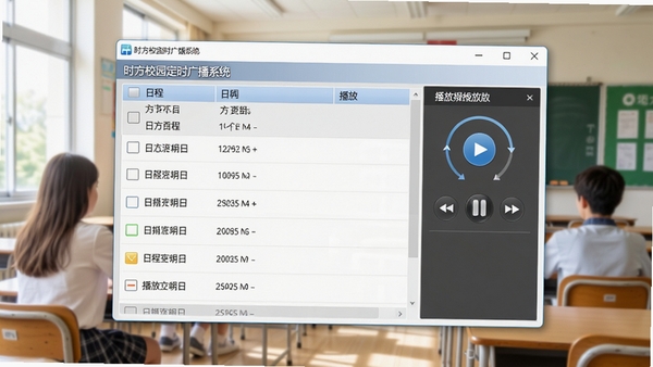时方校园定时广播系统主界面截图,展示其简洁清晰的日程列表与播放控制面板,背景为明亮的学校教室场景,画面主体为软件窗口,风格写实明亮