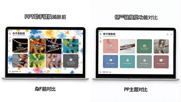 PPT助手一键换肤功能演示,展示同一套PPT在应用不同主题配色前后的对比效果,左侧为杂乱配色,右侧为统一配色,界面简洁直观