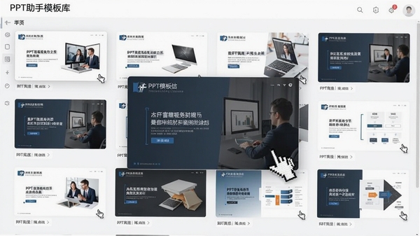 PPT助手模板库界面,展示多套商务风格PPT模板缩略图,鼠标悬停时显示预览效果,界面布局清晰,突出模板丰富多样